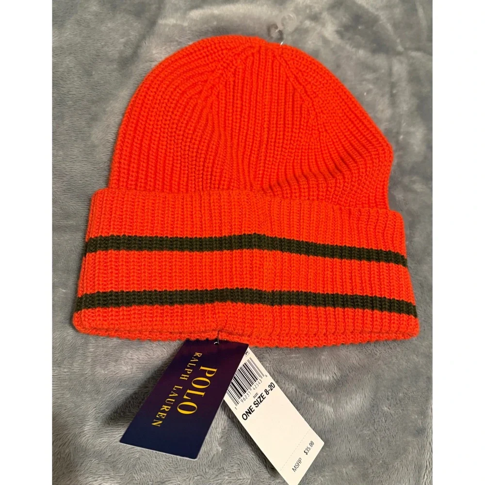 Polo Ralph Lauren Kids Orange Green Striped Ribbed Knit Beanie Hat OS 8-20 NEW